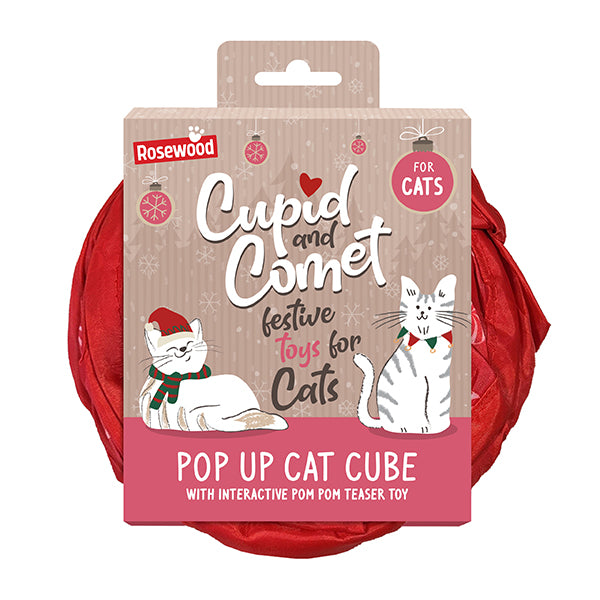 Rosewood Cupid and Comet pop up cat cube toy packaging sleeve on the red cube folded up. Suitable for rabbits too.