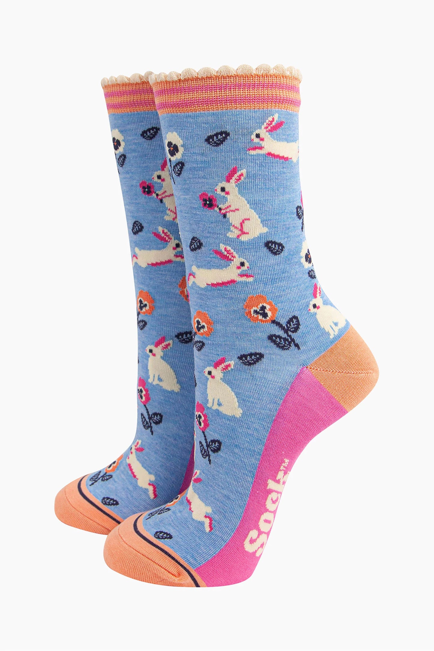 Rabbit and Flowers Socks | Blue/Orange | Size 3-7