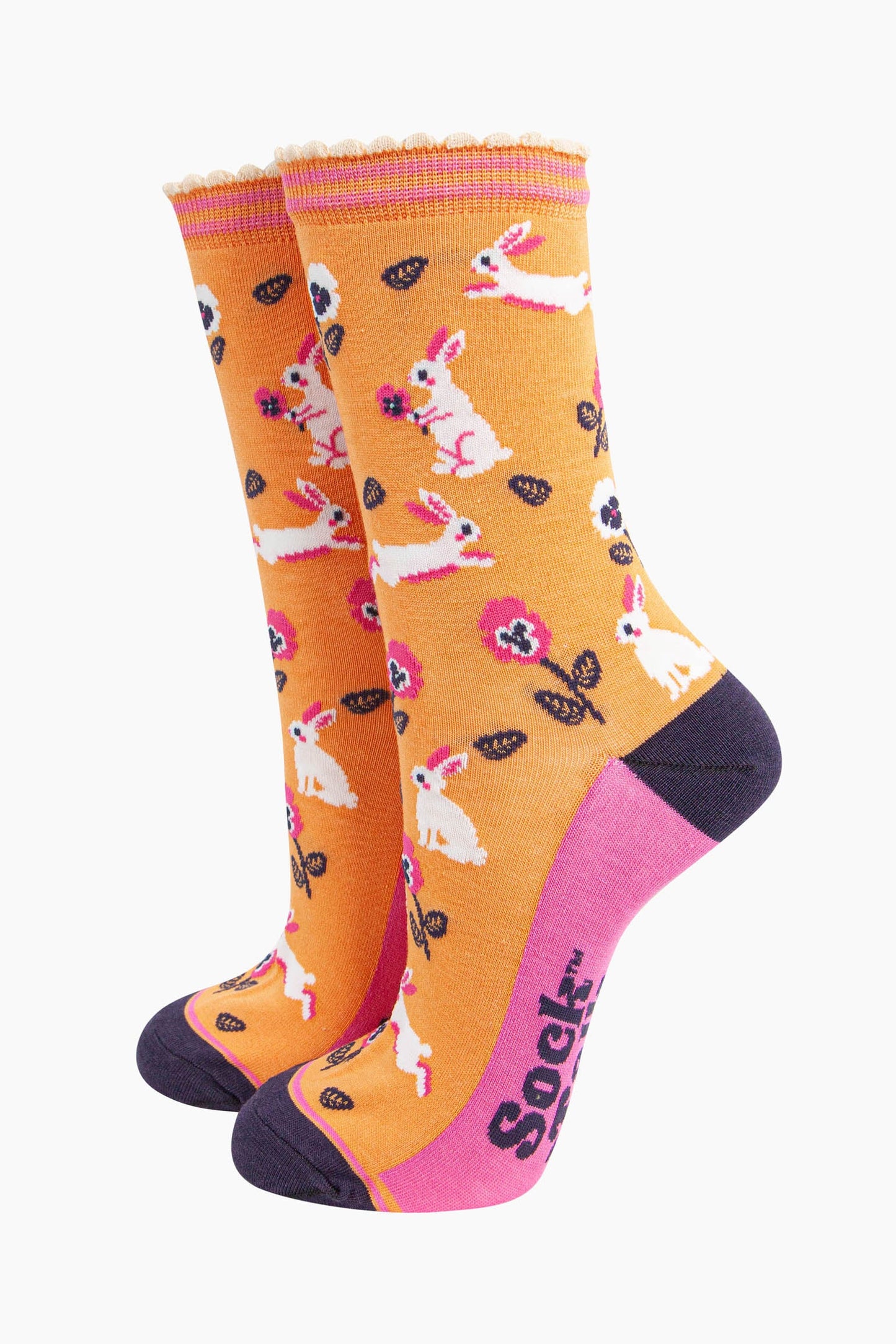 Rabbit and Flowers Socks | Blue/Orange | Size 3-7