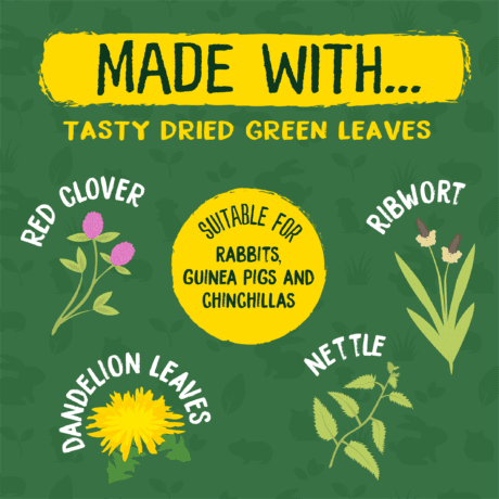 Made with tasty dried green leaves. Cartoon images of red clover, dandelion leaves, nettle and ribwort are clustered around a yellow circle stating that the burgess excel luscious leaves forage is suitable for rabbits guinea pigs and chinchillas.