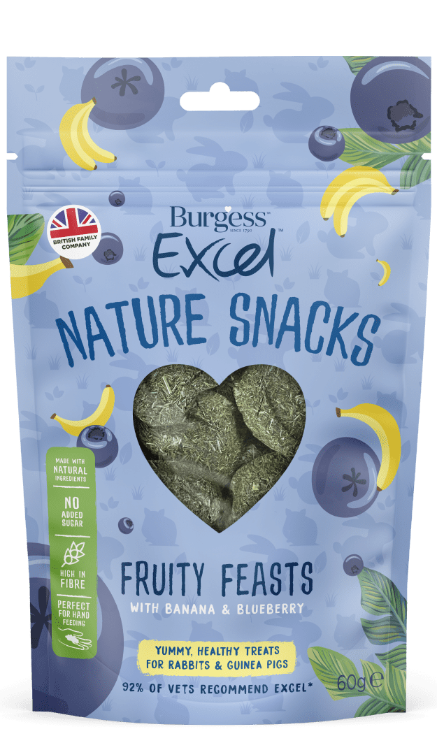 The packet for burgess excel fruity feast nature snacks is light blue with cartoon images of bananas and blueberries. A heart shaped clear window in the centre shows the heart shaped treats within. A green box to the left of the packet highlights the benefits, nature ingredients, no added sugar, high in fibre and perfect for hand feeding. Treats for rabbits and guinea pigs recommended by 92% of vets.