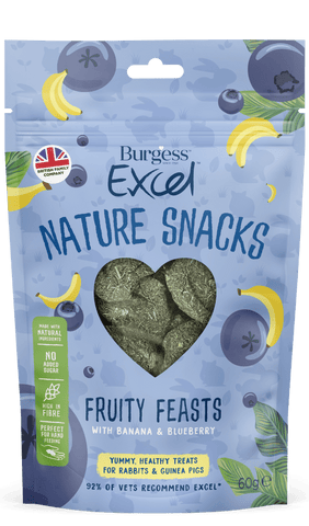The packet for burgess excel fruity feast nature snacks is light blue with cartoon images of bananas and blueberries. A heart shaped clear window in the centre shows the heart shaped treats within. A green box to the left of the packet highlights the benefits, nature ingredients, no added sugar, high in fibre and perfect for hand feeding. Treats for rabbits and guinea pigs recommended by 92% of vets.