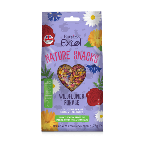 Light purple package with a clear heart window into the vibrantly coloured Burgess Excel wildflower forage mix for rabbits.