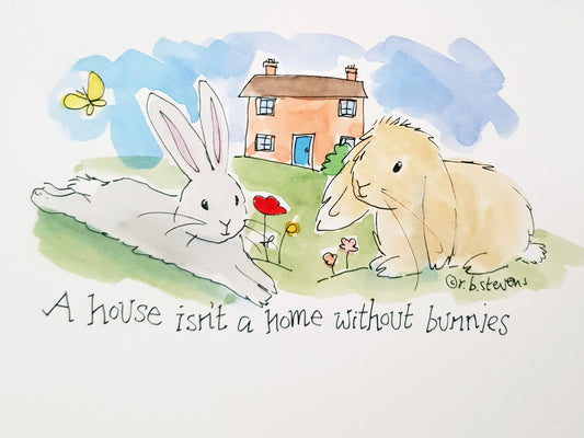 Bunny Home Handpainted Watercolour with Custom Bunnies