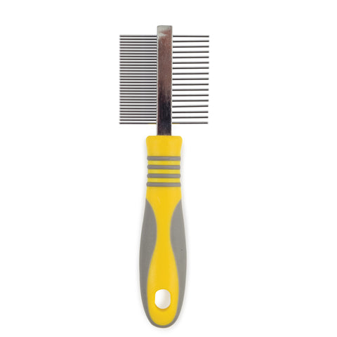 Yellow handled, double sided, ancol rabbit grooming comb, one side fine toothed the reverse wide toothed.