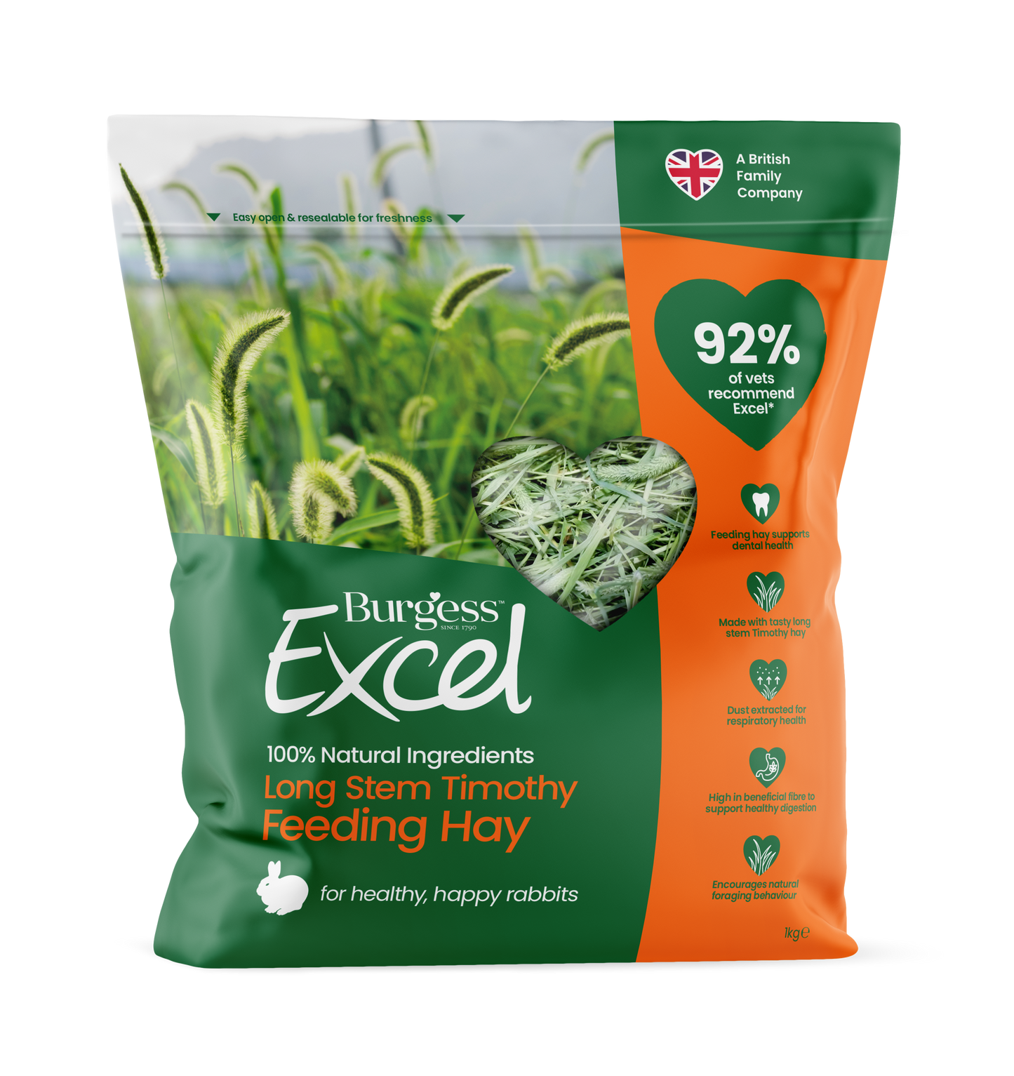 A resealable bag of burgess excel long stem feeding hay with carry handle.