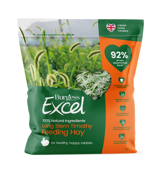 A resealable bag of burgess excel long stem feeding hay with carry handle.