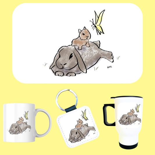 Collection of Mother's Day gifts featuring a rabbit and baby on a yellow background.