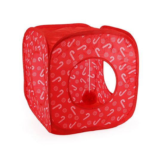 Red Pop up pet rabbit hideaway cube, with candy cane pattern.