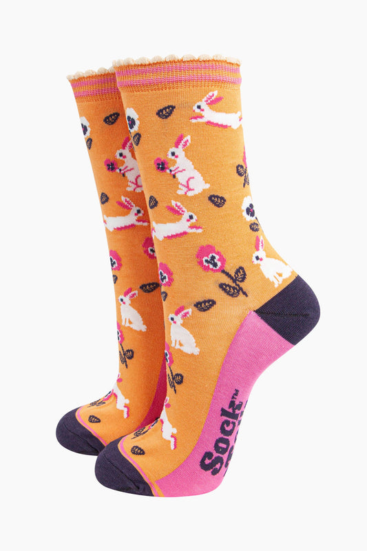 Rabbit and Flowers Socks | Blue/Orange | Size 3-7