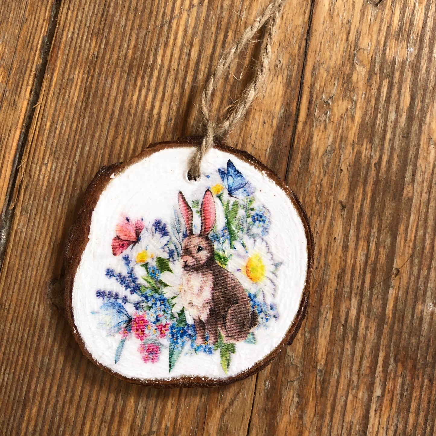 Cottage-core Rabbit Decorations on Natural Wood Slices