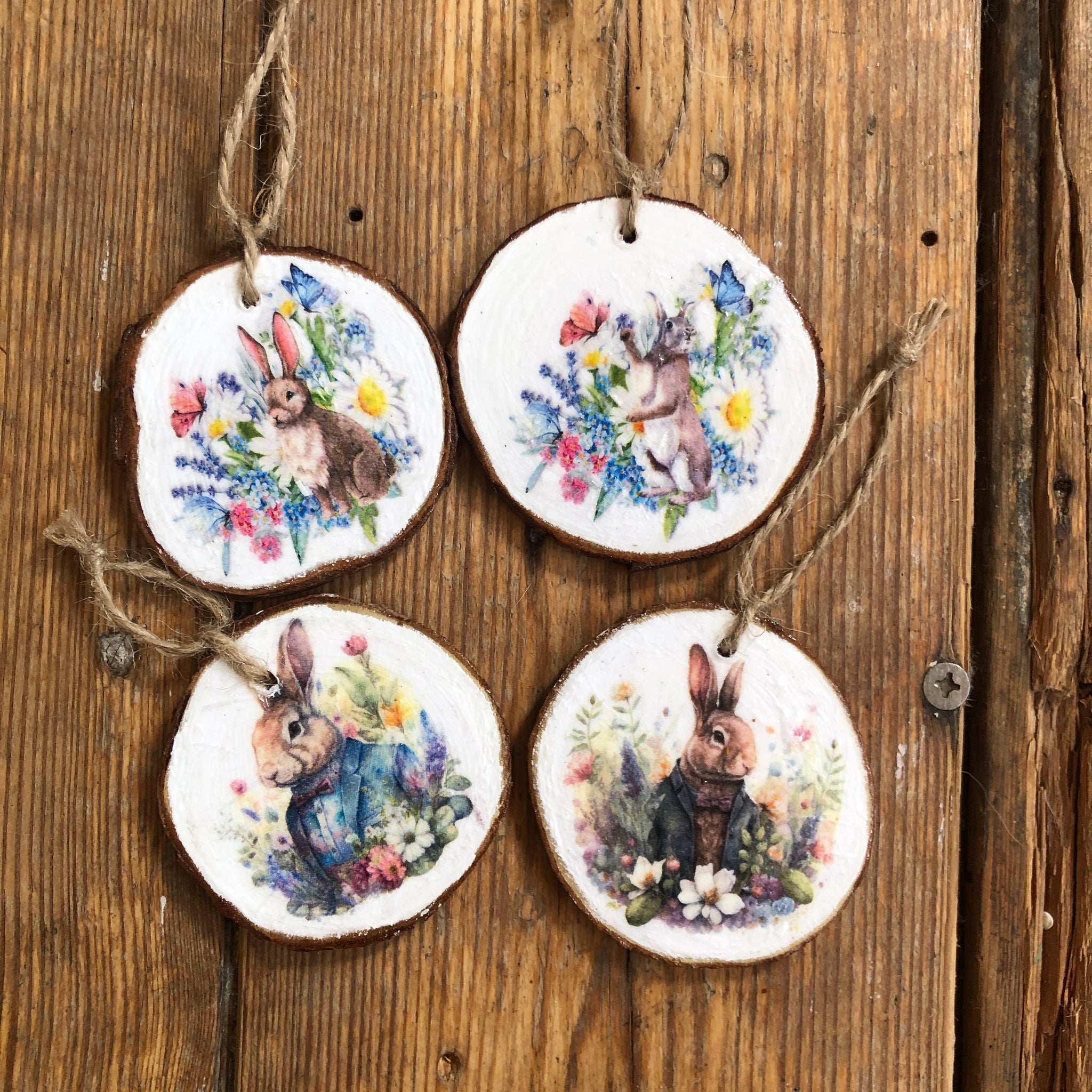 Cottage-core Rabbit Decorations on Natural Wood Slices