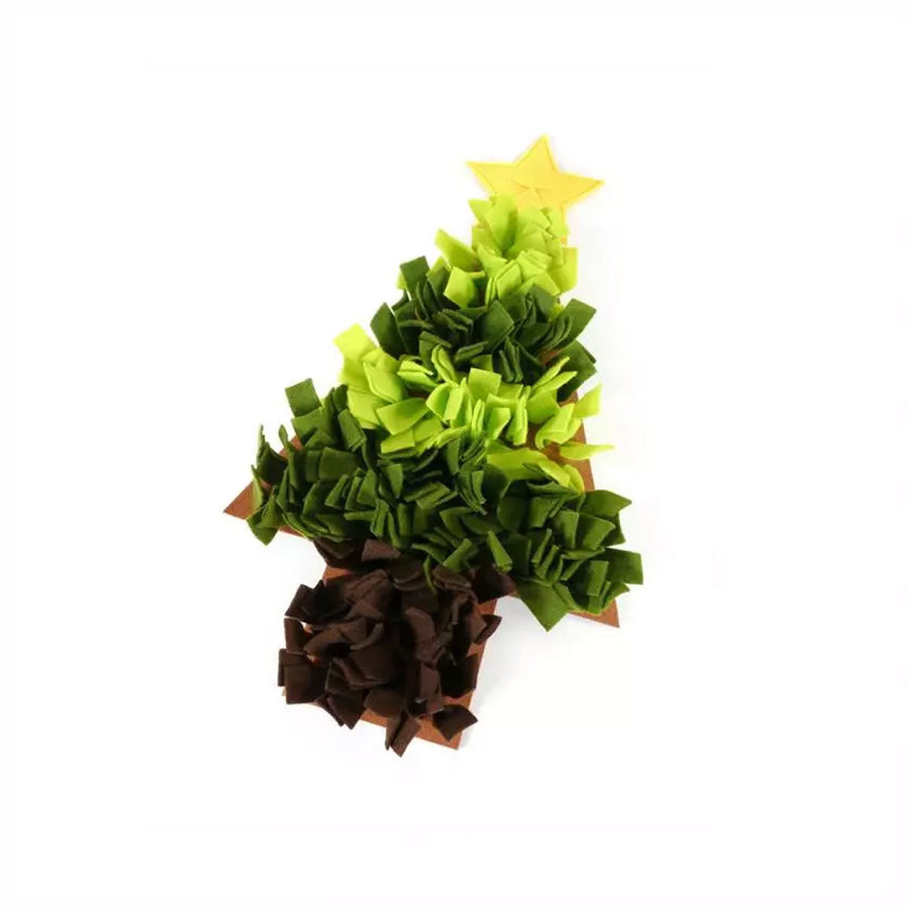 Pet toy foraging mat resembling a Christmas tree with green leaves, brown base, and yellow star on a white background