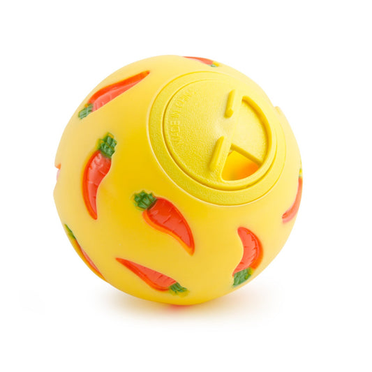 A bright yellow ball with a textured carrot pattern. Showcasing a circular opening mechanism that can be adjusted to allow for different sized treats to be placed inside.
