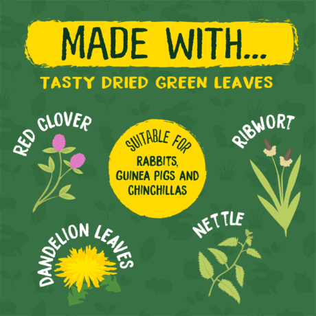 Made with tasty dried green leaves. Cartoon images of red clover, dandelion leaves, nettle and ribwort are clustered around a yellow circle stating that the burgess excel luscious leaves forage is suitable for rabbits guinea pigs and chinchillas. 