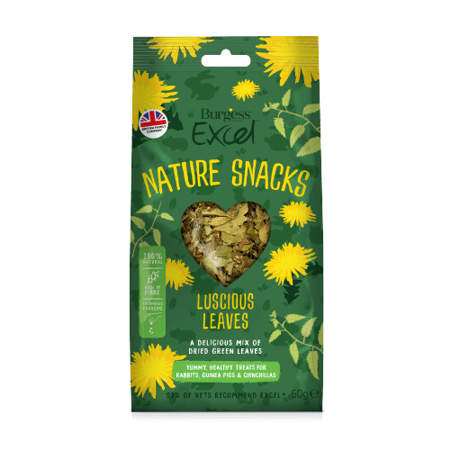 The green packet for bures excel luscious leaves forage is covered in a smattering of cartoon images of leaves and dandelions. A clear heart shaped window shows the leafy forage mix within. The benefits of, 100% natural ingredients, high in fibre and encourages natural foraging behaviour are highlighted. Made with delicious dried green leaves perfect for rabbits, guinea pigs and chinchillas. Recommended by 92% of vets.