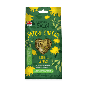 The green packet for bures excel luscious leaves forage is covered in a smattering of cartoon images of leaves and dandelions. A clear heart shaped window shows the leafy forage mix within. The benefits of, 100% natural ingredients, high in fibre and encourages natural foraging behaviour are highlighted. Made with delicious dried green leaves perfect for rabbits, guinea pigs and chinchillas. Recommended by 92% of vets.