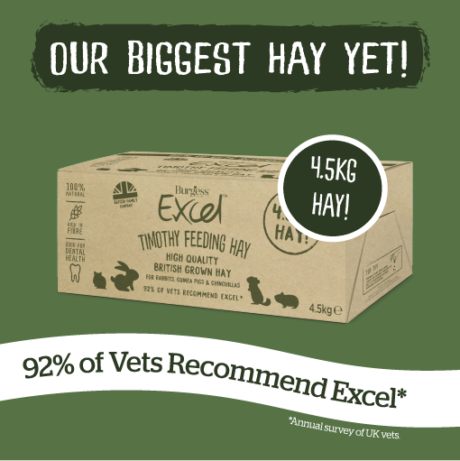 the ha box described in the first image set on a green background. Our biggest hay yet! 4.5kg hay! 92% of vets recommend excel.