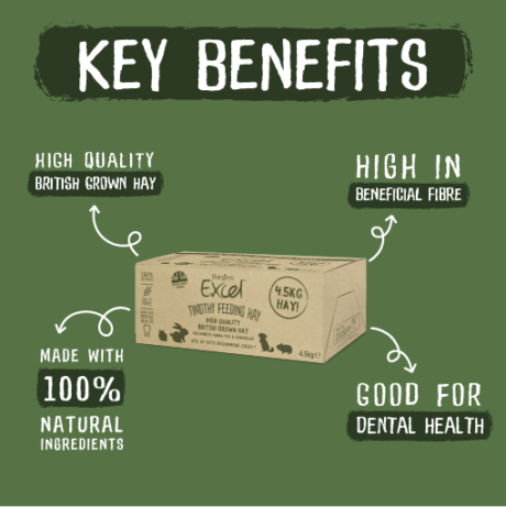 The key benefits are detailed on a green background, clustered around the image of the burgess excel timothy feeding hay. High quality British grown hay. Made with 100% natural ingredients. High in beneficial fibre. Good for Dental Health.