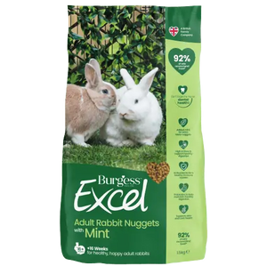 The packaging for burgess excel adult rabbit nuggets with mint shows two bunnies in a garden, one brown and white and one completely white. The green from the garden is reflected in the rest of the packing which shows a 92% vet recommendation and benefits Key benefits. Added mint for extra tasty nuggest, prebiotics to help maintain healthy digestion, high in fibre to support healthy digestion, supports skin and coat health, antioxidants for a healthy immune system and hay for dental health.