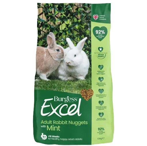 The packaging for burgess excel adult rabbit nuggets with mint shows two bunnies in a garden, one brown and white and one completely white. The green from the garden is reflected in the rest of the packing which shows a 92% vet recommendation and benefits Key benefits. Added mint for extra tasty nuggest, prebiotics to help maintain healthy digestion, high in fibre to support healthy digestion, supports skin and coat health, antioxidants for a healthy immune system and hay for dental health.