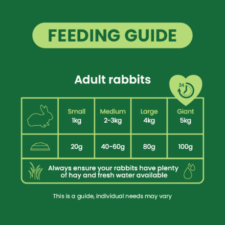 Feeding guide for adult rabbits. A small bunny of 1kg or less get 20 g of burgess nuggets per day. Medium rabbits of 2-3 kg are allowed 40-60g per day. Large rabbits of 4kg can have 80g per day and giant rabbits of 5kg are allotted 100g per day. always ensure your rabbits have plenty of hay and fresh water available. This is a guide, individual needs may vary.