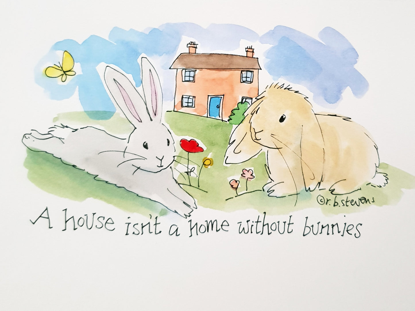 Bunny Home Handpainted Watercolour with Custom Bunnies