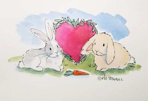 Greeting Card Bunny Love Handpainted Watercolour with Custom Bunnies