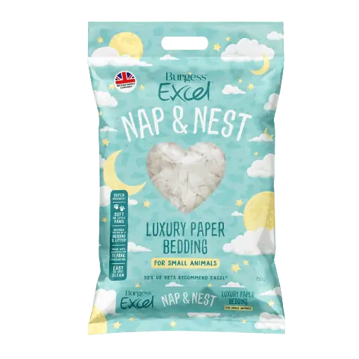 The light blue packaging for Burgess excel nap and nest luxury paper bedding for small animals is covered n cartoon moons and clouds. The benefits are highlighted in a box to the left. easy to spot clean, soft on little paws, super absorbent, suitable for use as a bedding and litter. 