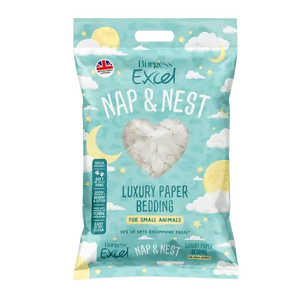 The light blue packaging for Burgess excel nap and nest luxury paper bedding for small animals is covered n cartoon moons and clouds. The benefits are highlighted in a box to the left. easy to spot clean, soft on little paws, super absorbent, suitable for use as a bedding and litter. 