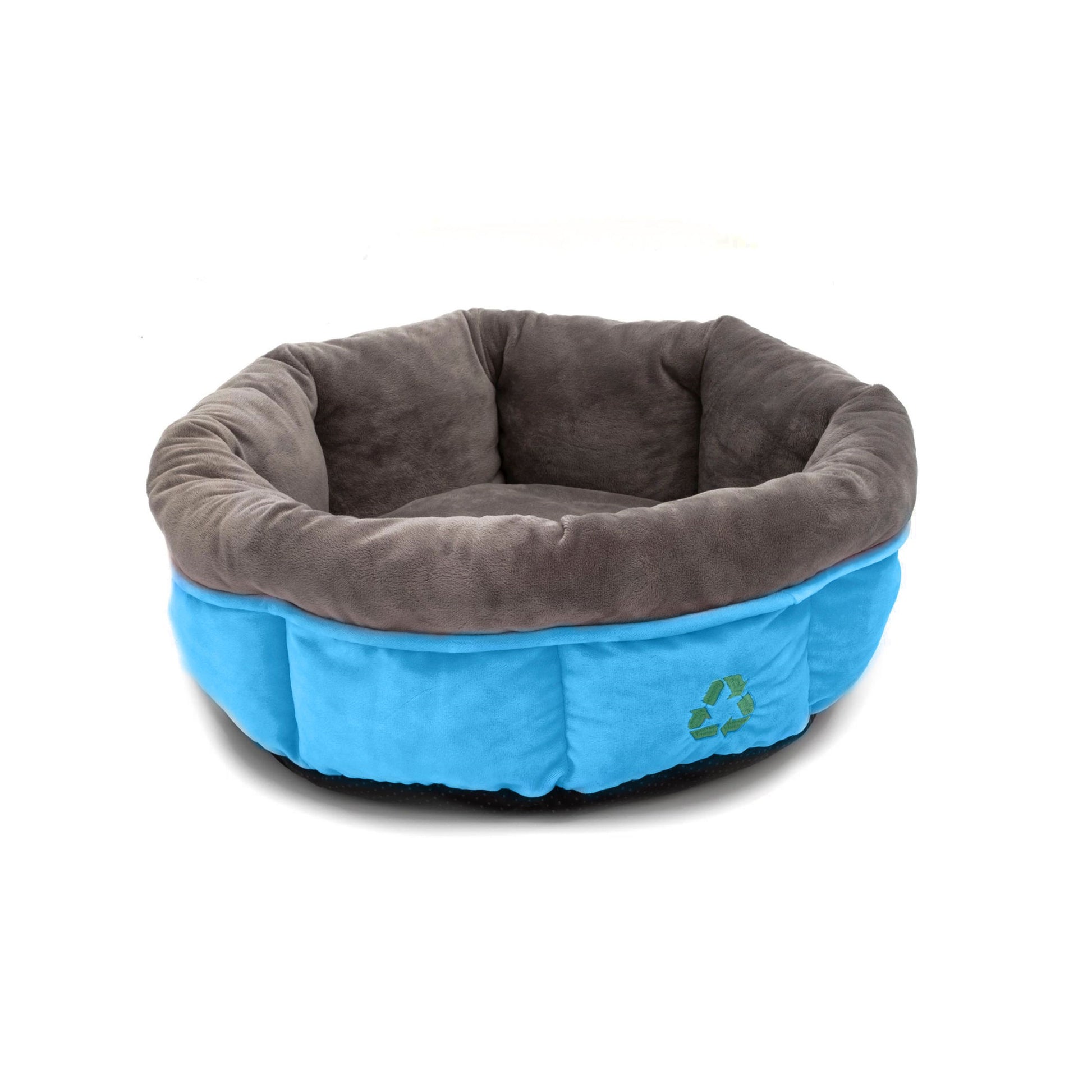 Plush recycled pet bed made with dark grey interior and blue exterior. With a green recycling symbol on the front.