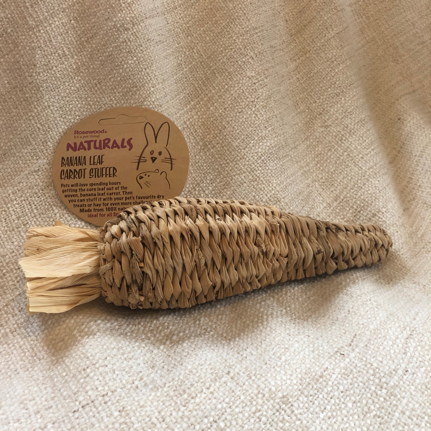 Rosewood banana leaf stuffer carrot-shaped chew toy for rabbits.