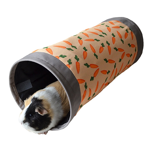 Guinea pig peeking out of a Rosewood carrot fabric tunnel for rabbits showing that they are great for other small furries too.
