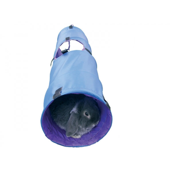 Grey lop bunny sits looking out of one end of a blue Rosewood rabbit activity tunnel